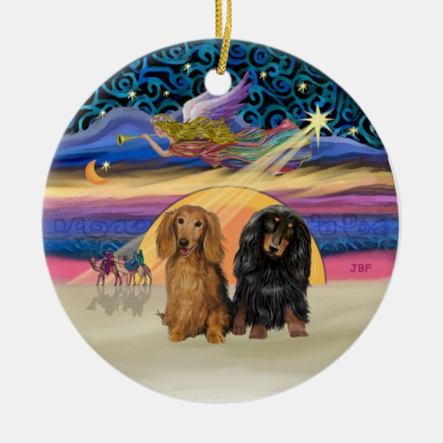Xmas Star - Two Long Haired Dachshunds Ceramic Tree Decoration (Front)