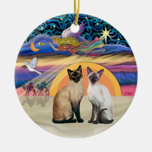 Xmas Star - Two Siamese cats Ceramic Tree Decoration (Front)