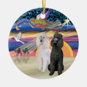 Xmas Star - Two Standard Poodles (W+Blk) Ceramic Tree Decoration