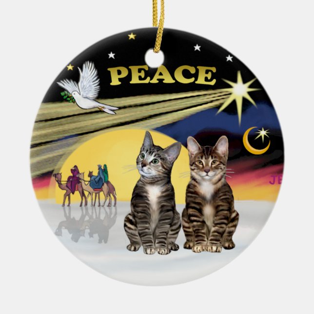 Xmas Star -Two Tabby cats (AmSH) Ceramic Tree Decoration (Front)