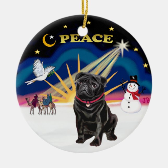 Xmas Sunrise - Black Pug Ceramic Tree Decoration (Front)