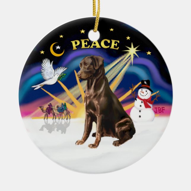 Xmas Sunrise - Chocolate Labrador Ceramic Tree Decoration (Front)