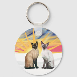Xmas Sunrise - Two Siamese cats (Seal + Choc) Key Ring