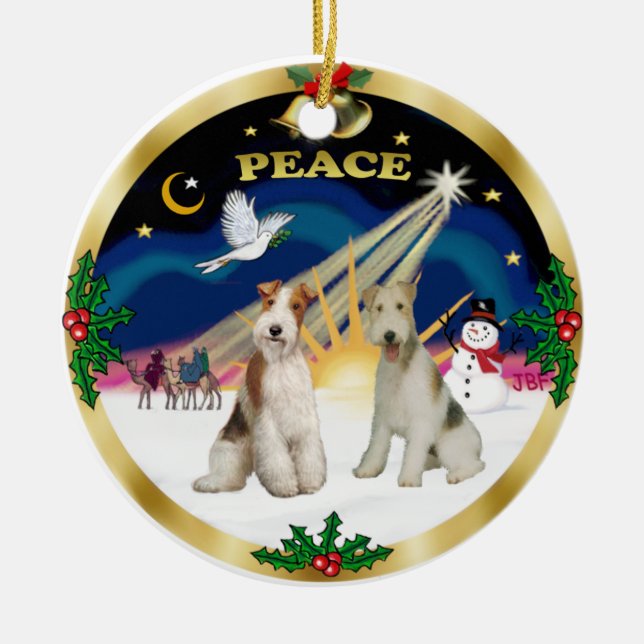 Xmas Sunrise - Two Wire Fox Terriers Ceramic Tree Decoration (Front)