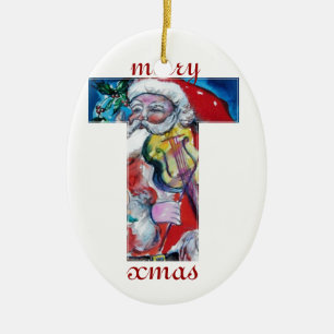 XMAS T LETTER /SANTA  CLAUS WITH VIOLIN MONOGRAM CERAMIC TREE DECORATION