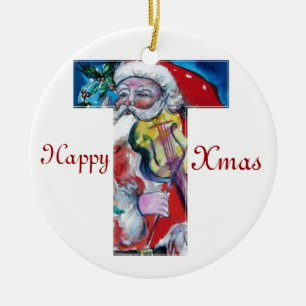 XMAS T LETTER /SANTA  CLAUS WITH VIOLIN MONOGRAM CERAMIC TREE DECORATION