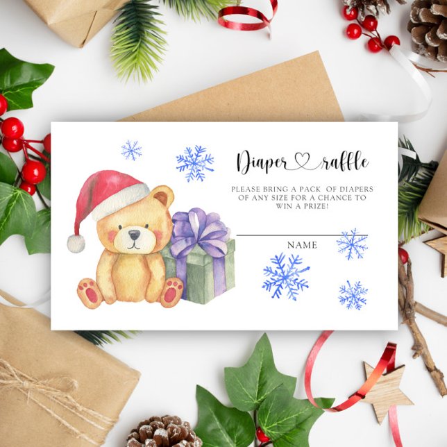 Xmas teddy bear with gift - diaper raffle ticket enclosure card (Creator Uploaded)