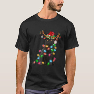Xmas Tee Reindeer Black Cat Christmas Lights Funny