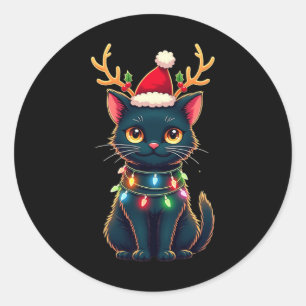 Xmas Tee Reindeer Black Cute Cat Christmas Lights Classic Round Sticker