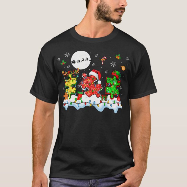 Xmas Three Santa Reindeer Elf Autism Awareness Puz T-Shirt (Front)