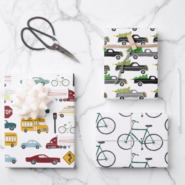 Xmas Traffic Cars Trucks Bikes Variety Pack Wrapping Paper Sheet (Front)