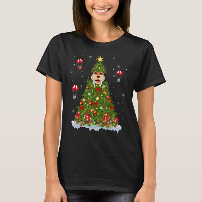 Xmas Tree Decorations Lights Santa Walrus Christma T-Shirt (Front)