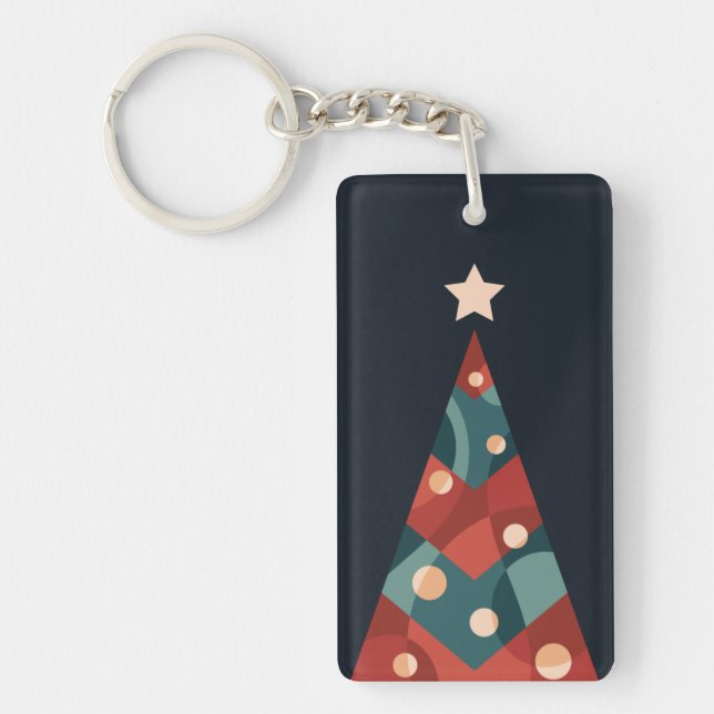 Xmas tree design, red blue abstract retro  key ring (Front)