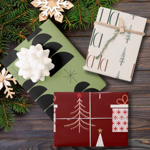 Xmas Tree GIfts And Fa La La Red Green Beige  Wrapping Paper Sheet