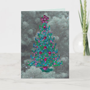 Xmas tree & jewels sits among pine Christmas Card