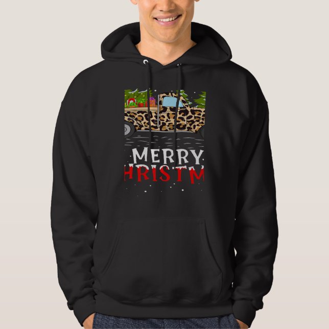 Xmas Tree Leopard Plaid Truck Merry Christmas   Hoodie (Front)