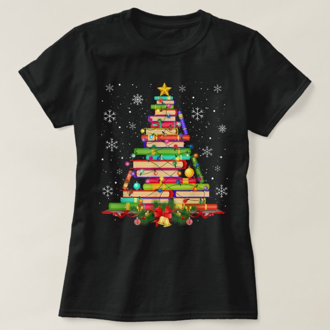 Xmas Tree Library Christmas Lights Tree Book Lover T-Shirt (Design Front)