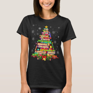 Xmas Tree Library Christmas Lights Tree Book Lover T-Shirt