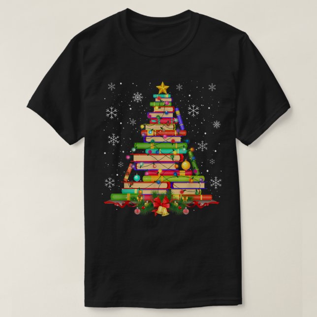 Xmas Tree Library Christmas Lights Tree Book Lover T-Shirt (Design Front)