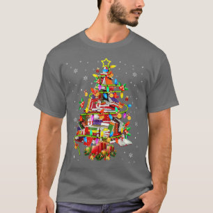 Xmas Tree Library Xmas Lights Tree Book Lover Libr T-Shirt