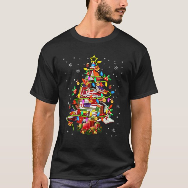 Xmas Tree Library Xmas Lights Tree Book Lover Libr T-Shirt (Front)