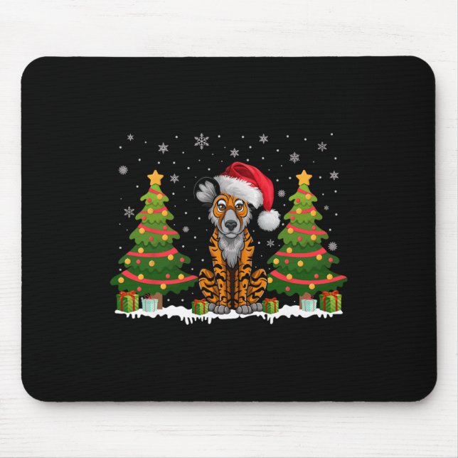 Xmas Tree Light African Wild Dog Santa Hat Christm Mouse Mat (Front)