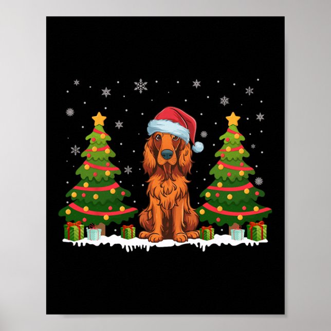 Xmas Tree Light Irish Setter Dog Santa Hat Christm Poster (Front)