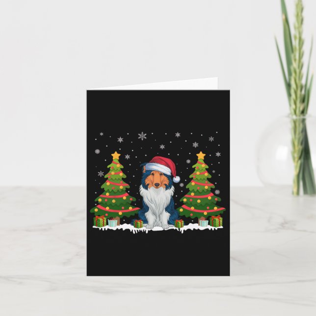 Xmas Tree Light Rough Collie Dog Santa Hat Christm Card (Front)