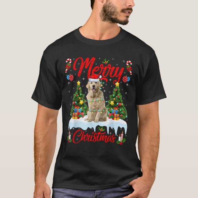Xmas Tree Lighting Golden Retriever Dog Merry Chri T-Shirt (Front)
