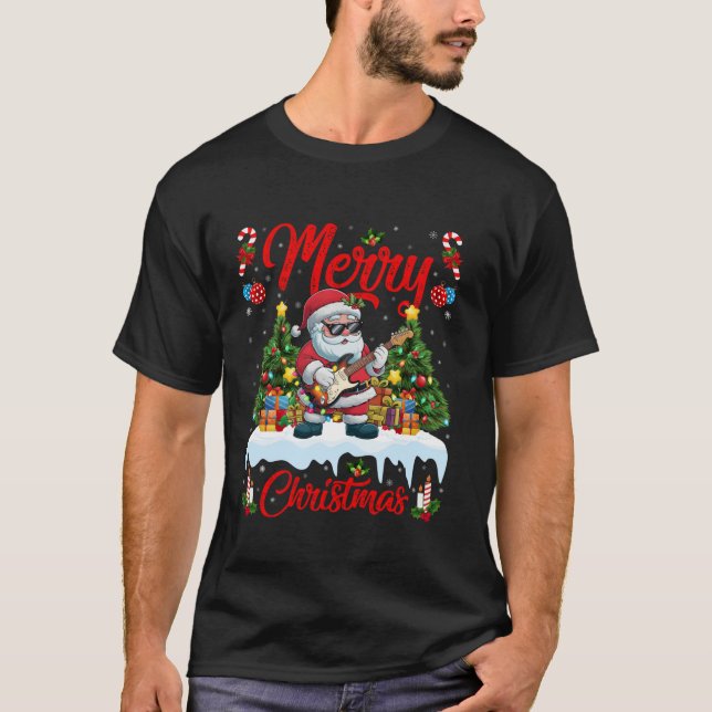 Xmas Tree Lighting Guitarist Santa Playing Guitar  T-Shirt (Front)