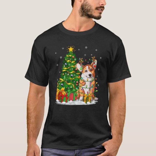 Xmas Tree Lighting Reindeer Corgi Dog Christmas Pr T-Shirt (Front)