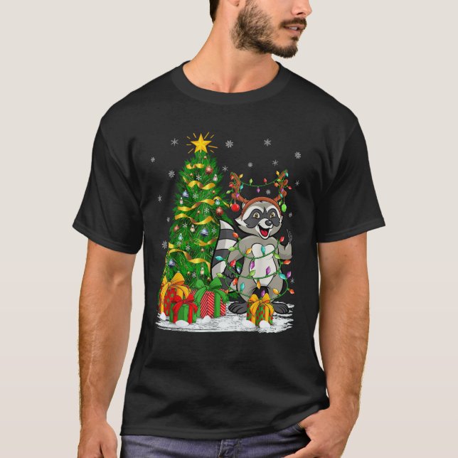 Xmas Tree Lighting Reindeer Hat Racoon Christmas  T-Shirt (Front)