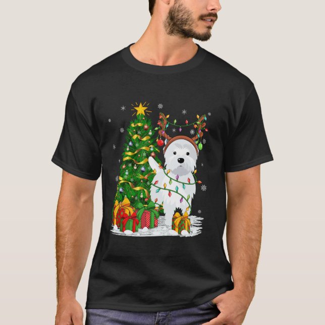 Xmas Tree Lighting Reindeer Westie Dog Christmas  T-Shirt (Front)