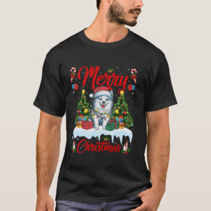 Xmas Tree Lighting Santa Hat American Eskimo Dog C T-Shirt
