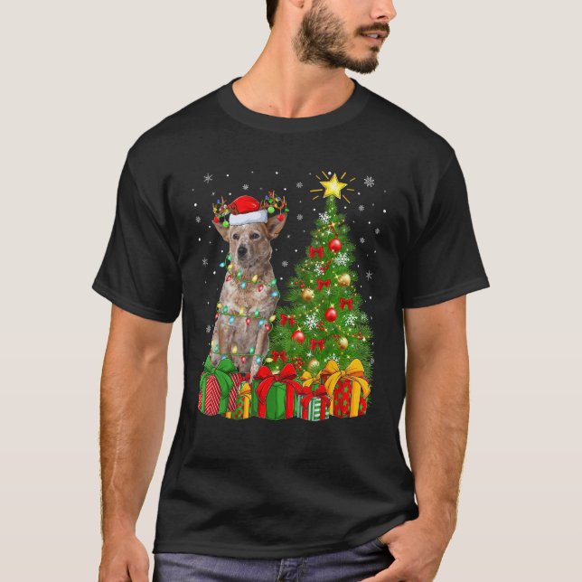 Xmas Tree Lighting Santa Hat Australian Cattle Dog T-Shirt (Front)