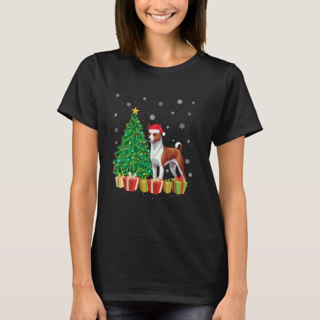 Xmas Tree Lighting Santa Hat Basenji Dog Christmas T-Shirt (Front)