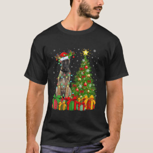 Xmas Tree Lighting Santa Hat Belgian Malinois Dog T-Shirt