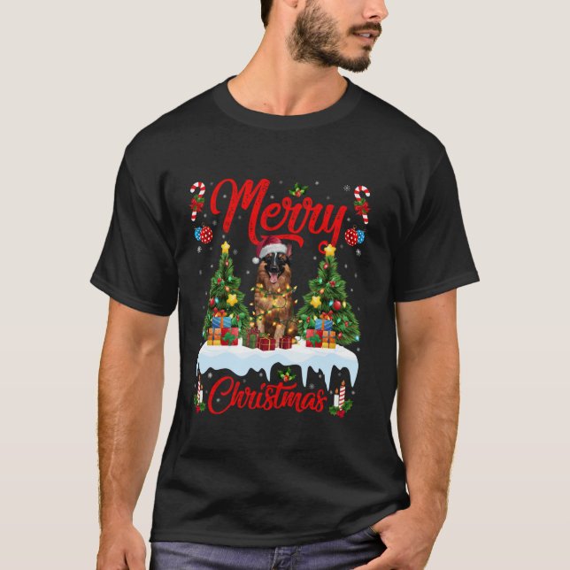 Xmas Tree Lighting Santa Hat Belgian Tervuren Dog  T-Shirt (Front)
