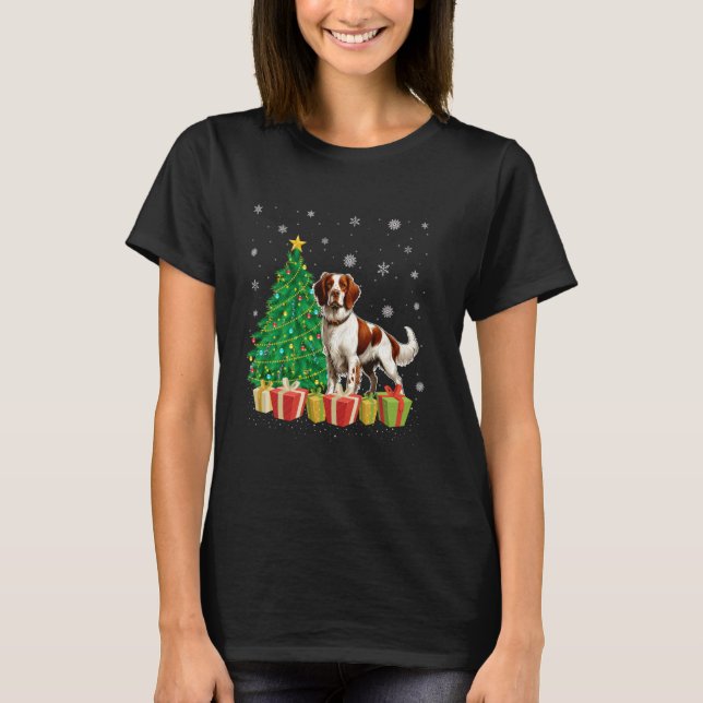 Xmas Tree Lighting Santa Hat Brittany Spaniel Dog  T-Shirt (Front)