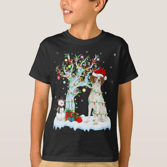 Xmas Tree Lighting Santa Hat Brittany Spaniel Dog  T-Shirt (Front)