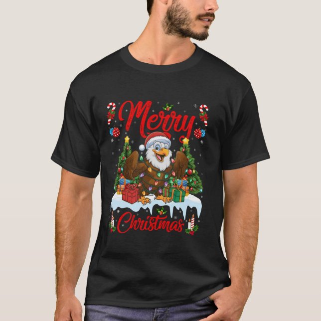 Xmas Tree Lighting Santa Hat Eagle Christmas T Shi T-Shirt (Front)