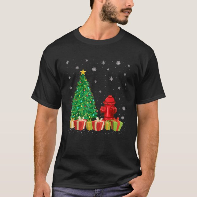 Xmas Tree Lighting Santa Hat Fire Hydrant Christma T-Shirt (Front)