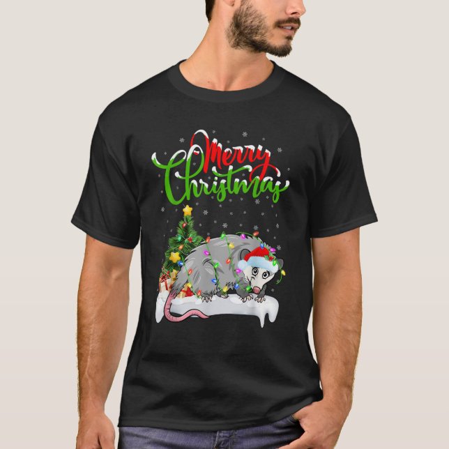 Xmas Tree Lighting Santa Hat Opossum Christmas  T-Shirt (Front)