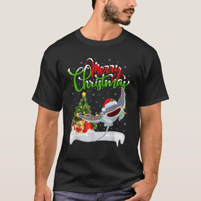 Xmas Tree Lighting Santa Hat Stingray Fish Christm T-Shirt (Front)