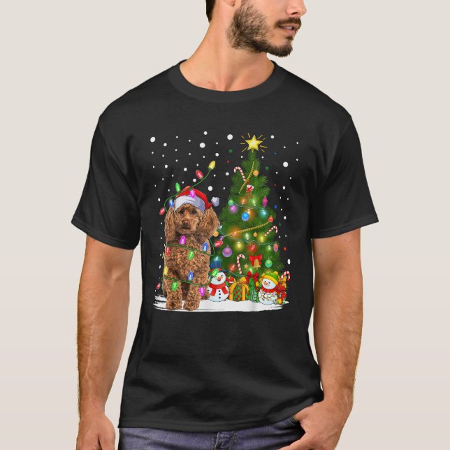 Xmas Tree Lighting Santa Poodle Dog Christmas  T-Shirt (Front)