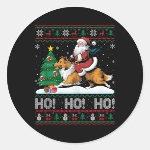 Xmas Tree Lighting Santa Riding Collie Dog Christm Classic Round Sticker