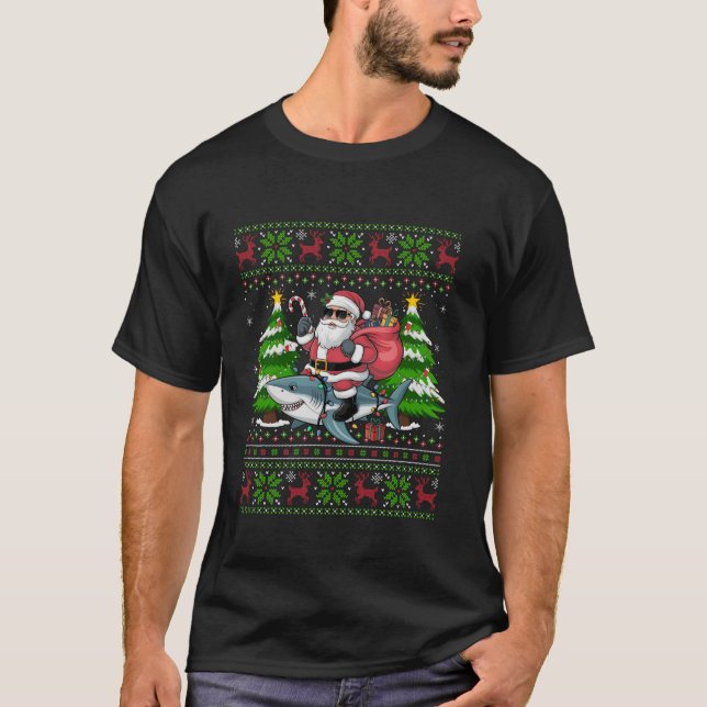Xmas Tree Lighting Ugly Santa Riding Shark Christm T-Shirt (Front)
