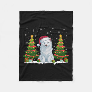 Xmas Tree Lights American Eskimo Dog Santa Christm Fleece Blanket