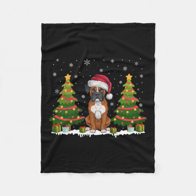 Xmas Tree Lights Boxer Dog Santa Hat Christmas Swe Fleece Blanket (Front)