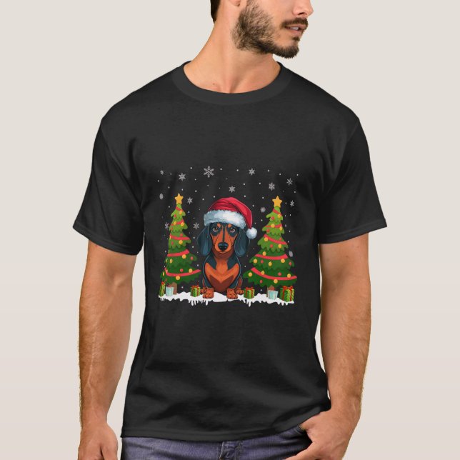 Xmas Tree Lights Dachshund Dog Santa Hat Christmas T-Shirt (Front)